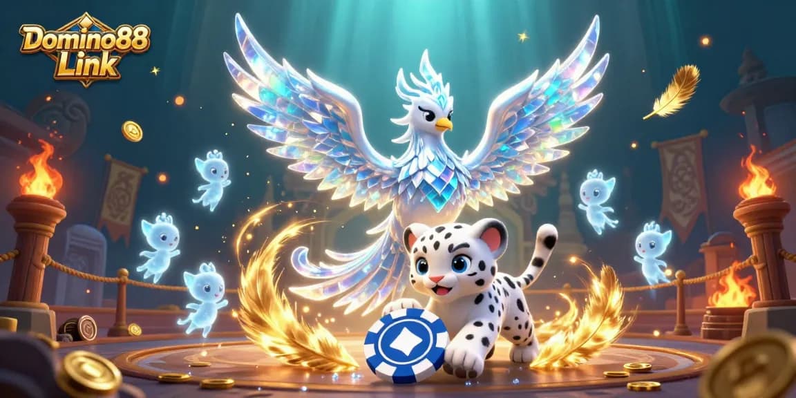 Experience thrilling gameplay with Domino88 Link in this vibrant casino scene featuring an ice phoenix, poker chips, and gold.