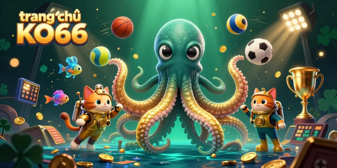 Experience thriving gaming excitement on trang chủ KO66 with a vibrant 3D illustration of a kraken, diving cat, and dynamic sports elements.