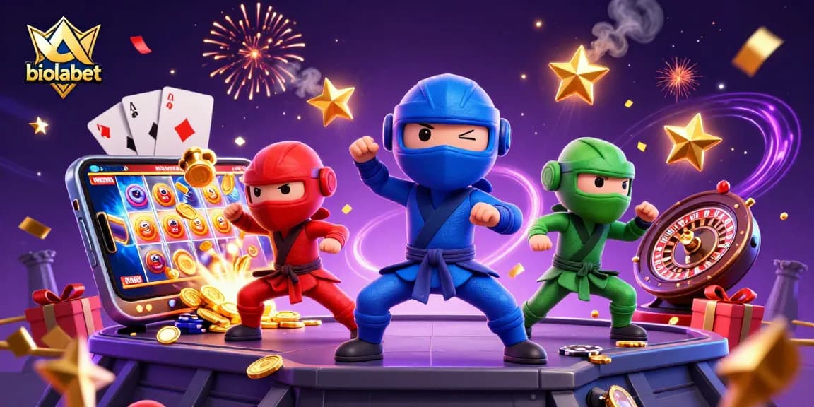 Biolabet menampilkan tim ninja chameleon dalam pose bela diri sambil memainkan slot gacor.