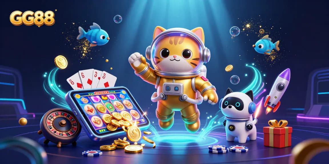 Engage in exciting slot games at GG88 with a 3D cartoon astronaut cat, showcasing thrilling casino elements.