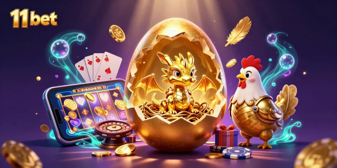 Engage with thrilling 11 bet gaming featuring a golden baby dragon amidst casino elements.