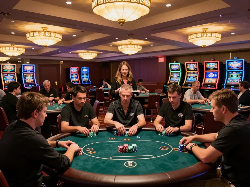 Joueurs engagés à une table de poker d'un casino en ligne avec retrait rapide, montrant une atmosphère de jeu dynamique