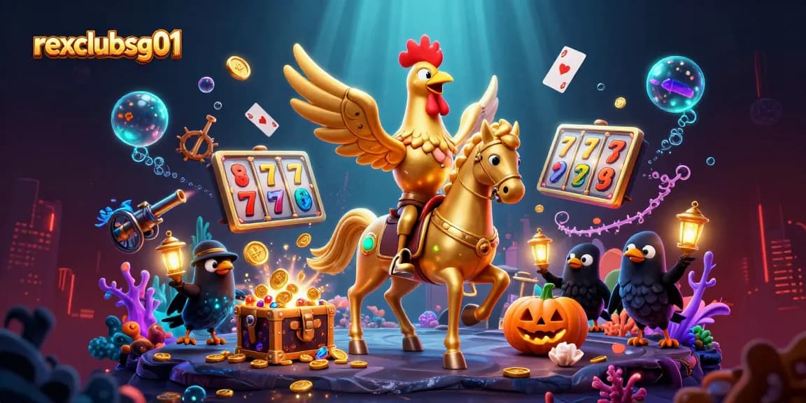 Play at rexclubsg01 and win with golden rooster riding through a rich casino scene filled with treasure.