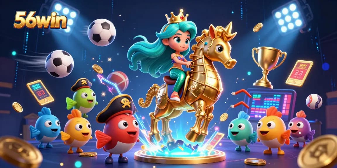 Bet on thrilling adventures with 56win under vibrant casino-themed waters featuring characters and sports elements.