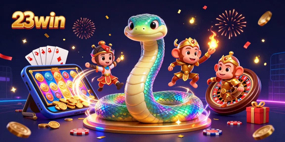 Experience exciting gambling adventures with 23win's vibrant 3D casino-themed illustration.