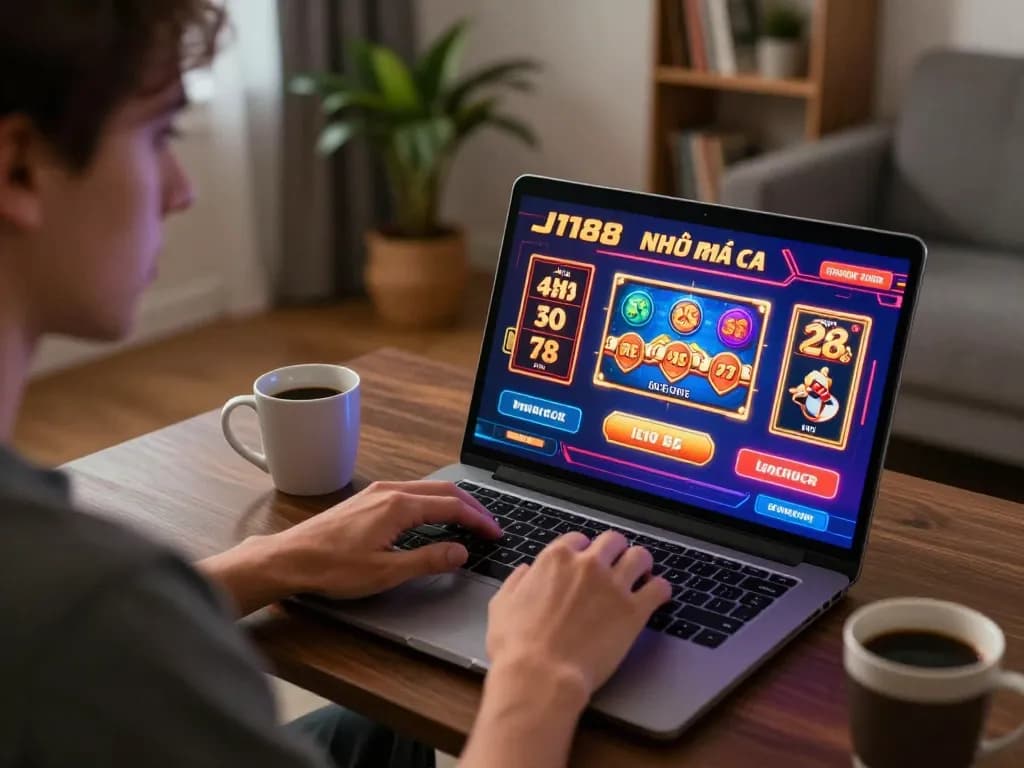 Engaged player on J188 nhà cái using a laptop for online gambling in a cozy home setting.
