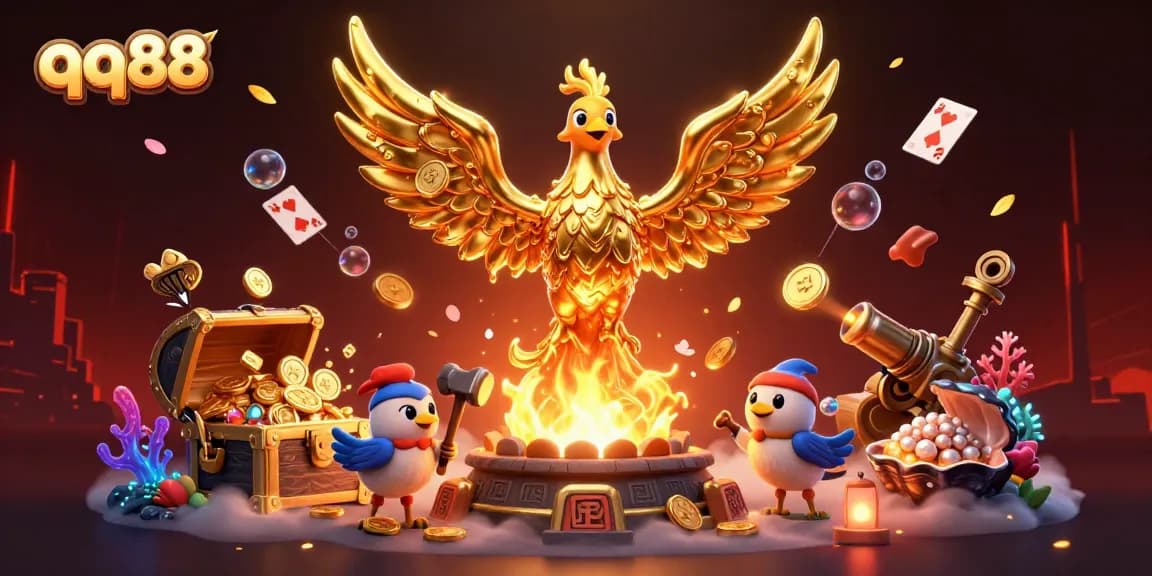 Experience the thrilling world of qq88 with golden phoenix and treasures, symbolizing excitement and wealth in gaming.