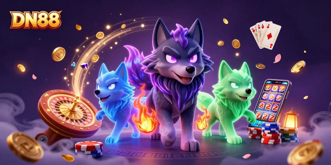 Experience the thrilling gaming atmosphere at DN88 with vibrant casino elements and ghostly wolves.