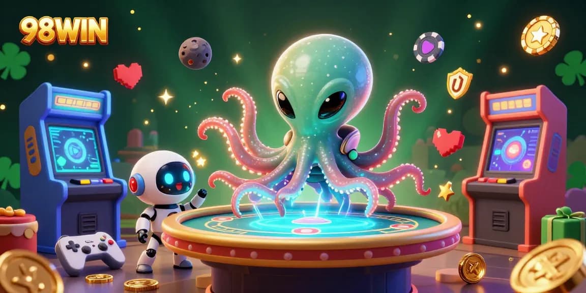Engage in thrilling poker action with 98WIN's exciting alien-themed casino experience featuring colorful games.