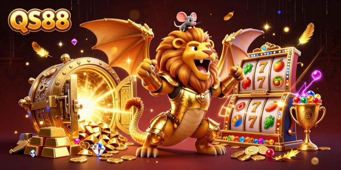 Experience thrilling wins at QS88 with a majestic chimera and vibrant slot game elements in a dynamic scene.