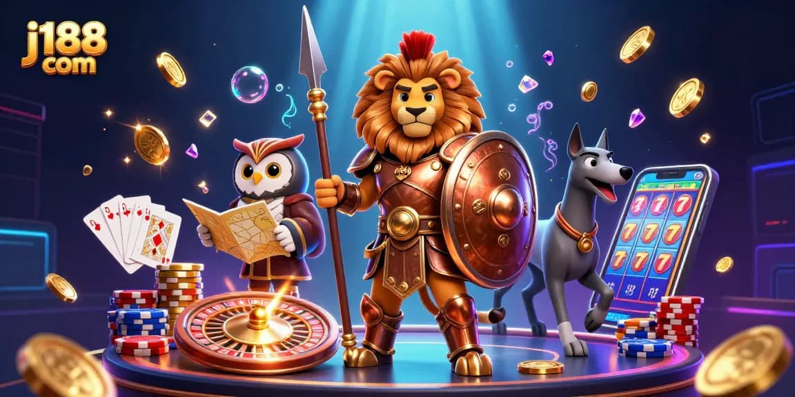 Play dynamic games at j188 com with a vibrant 3D casino scene featuring a Spartan lion, tactical owl, and swift greyhound.