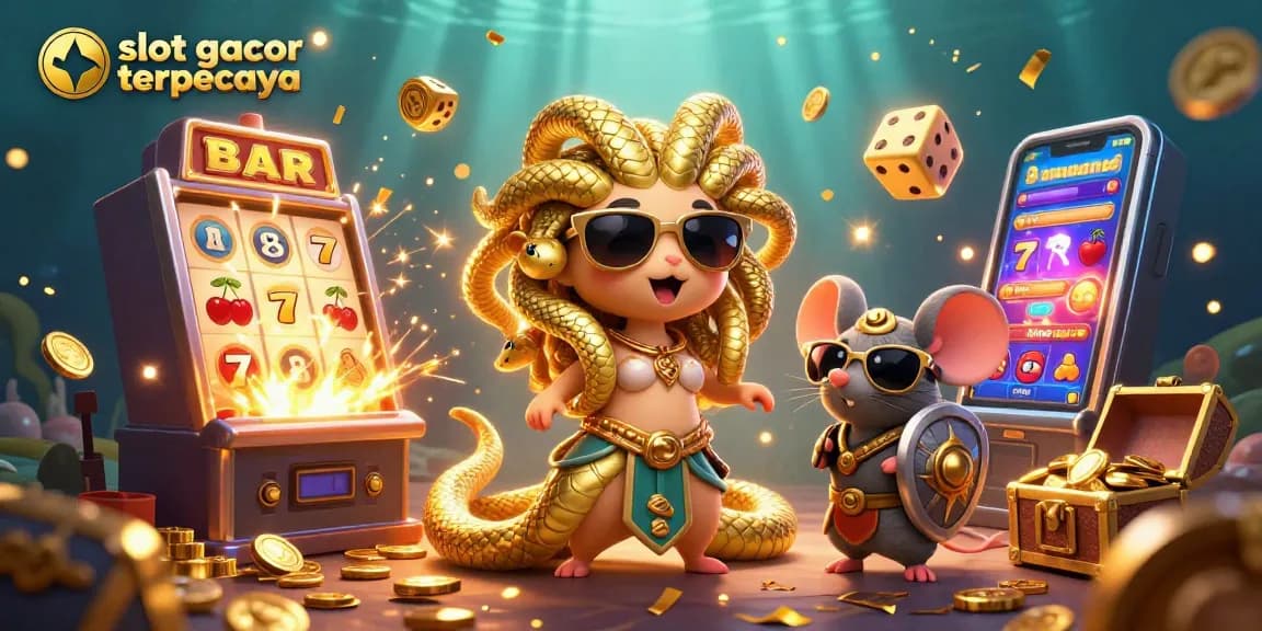 Engage with the thrilling atmosphere of slot gacor terpercaya, showcasing a vibrant 3D casino scene with Medusa and a warrior mouse.