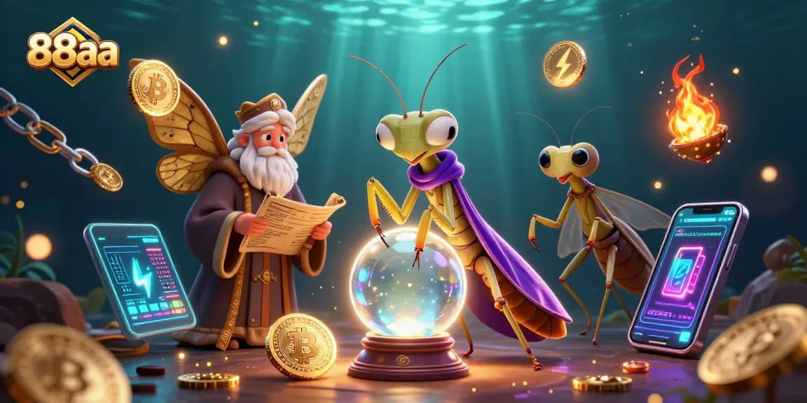 Experience 88aa's lively casino scene with a fortune teller and golden moth in a mystical setting.
