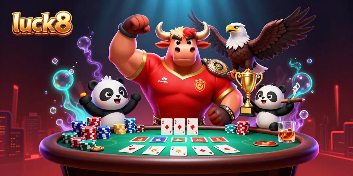 Experience exciting gameplay at luck8 with a triumphant bull, eagle champion, and panda trophy in a vibrant poker scene.