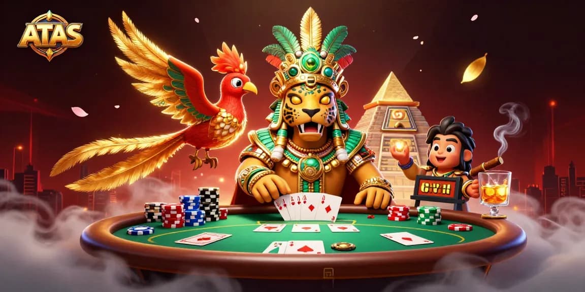 Engage with ATAS Casino's thrilling poker scene featuring vibrant characters and dynamic gambling elements.