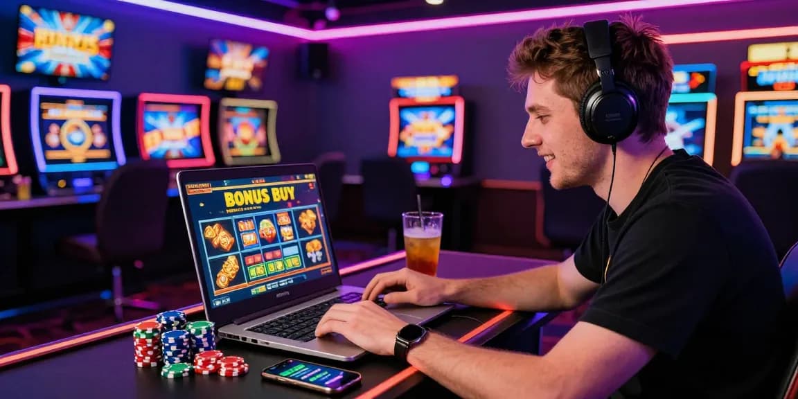 UK player engaged with Bonus Buy Slots at aboutderbyshire.co.uk in a vibrant gaming environment.