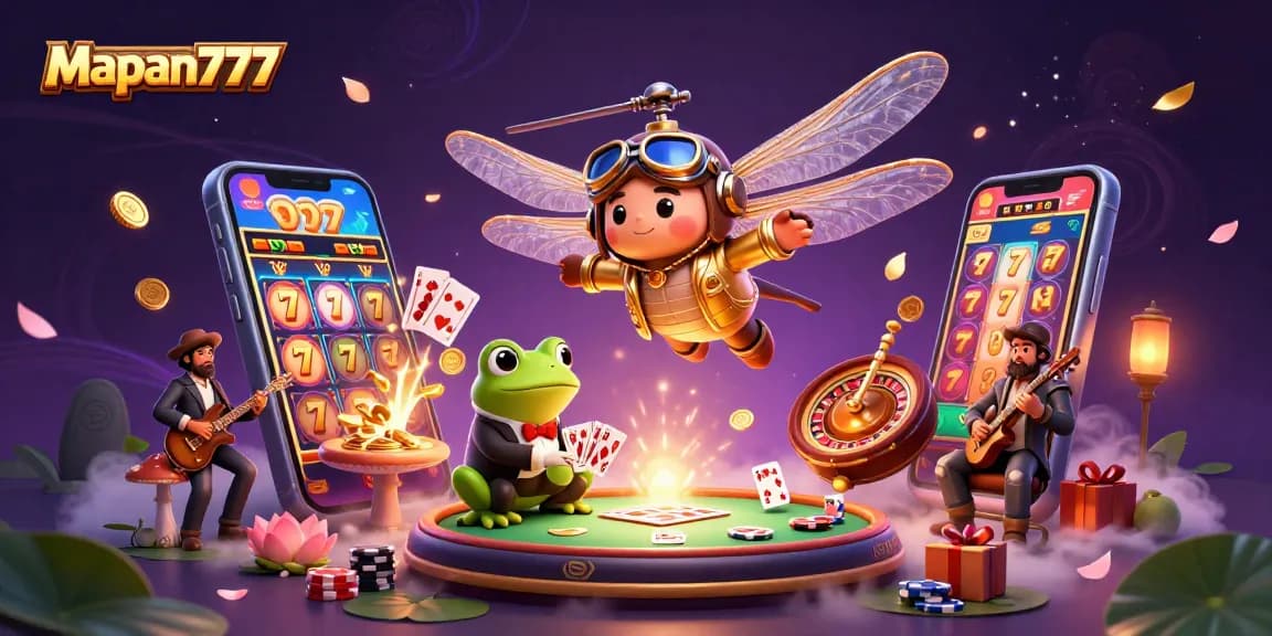 Spin and win with Mapan777 at a lively lily pad casino, where dragonflies and frogs bring the game to life.