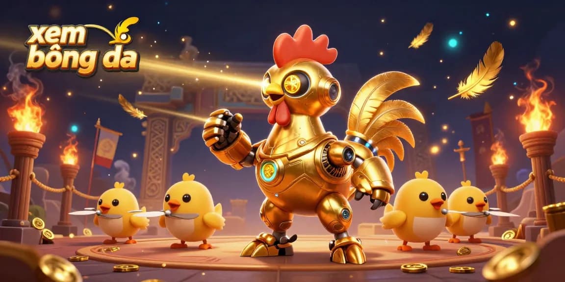 Experience the thrill of xem bóng đá with golden rooster robot and chick drones in a vibrant arena.