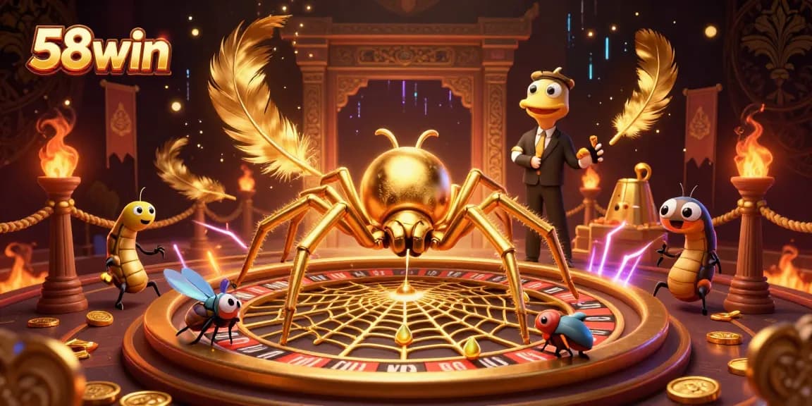 58win features a golden spider presenting roulette action in a vibrant casino scene.