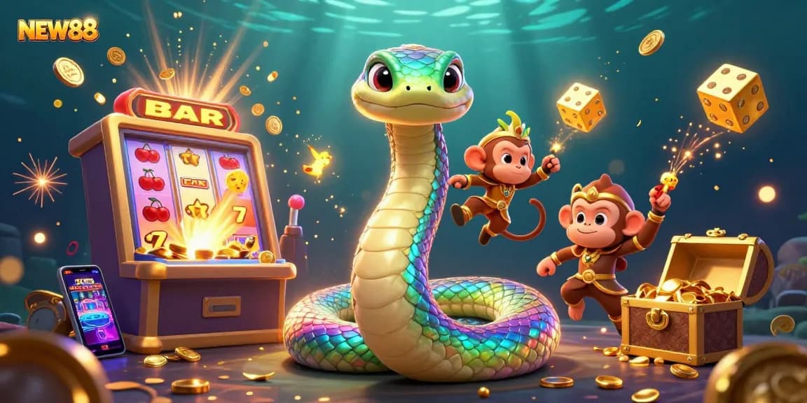 Engage in thrilling gaming adventures at NEW88 with vibrant characters and dynamic casino elements!
