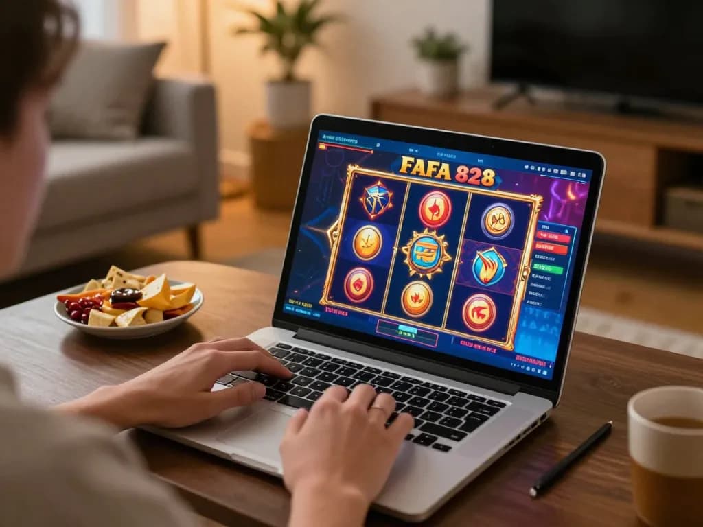 Player enjoying Fafa 828 online slots on laptop in a cozy home setting with engaging graphics