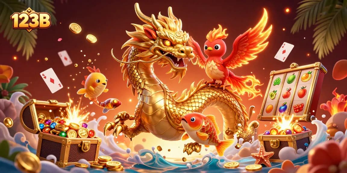 Engage in thrilling gameplay at 123B with a vivid illustration of mythical creatures amidst dynamic casino elements.