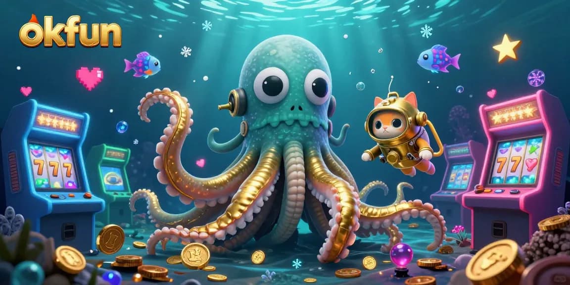 Play exciting casino games with okfun featuring a vibrant kraken and diving cat in a treasure-filled ocean.
