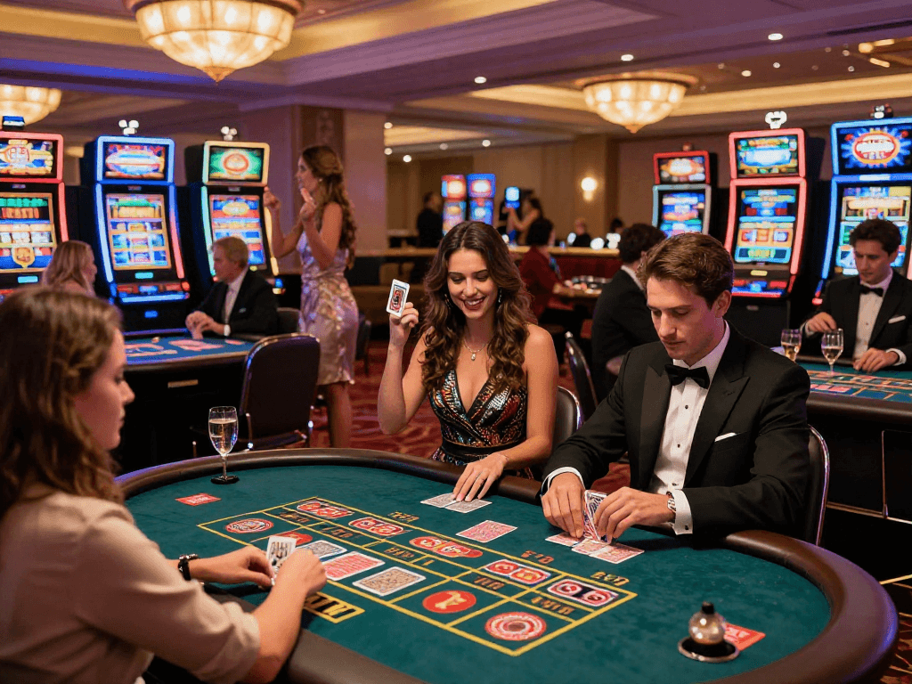 Atmosfera vivace di un casino non aams con giocatori impegnati ai tavoli e macchine da gioco colorate.