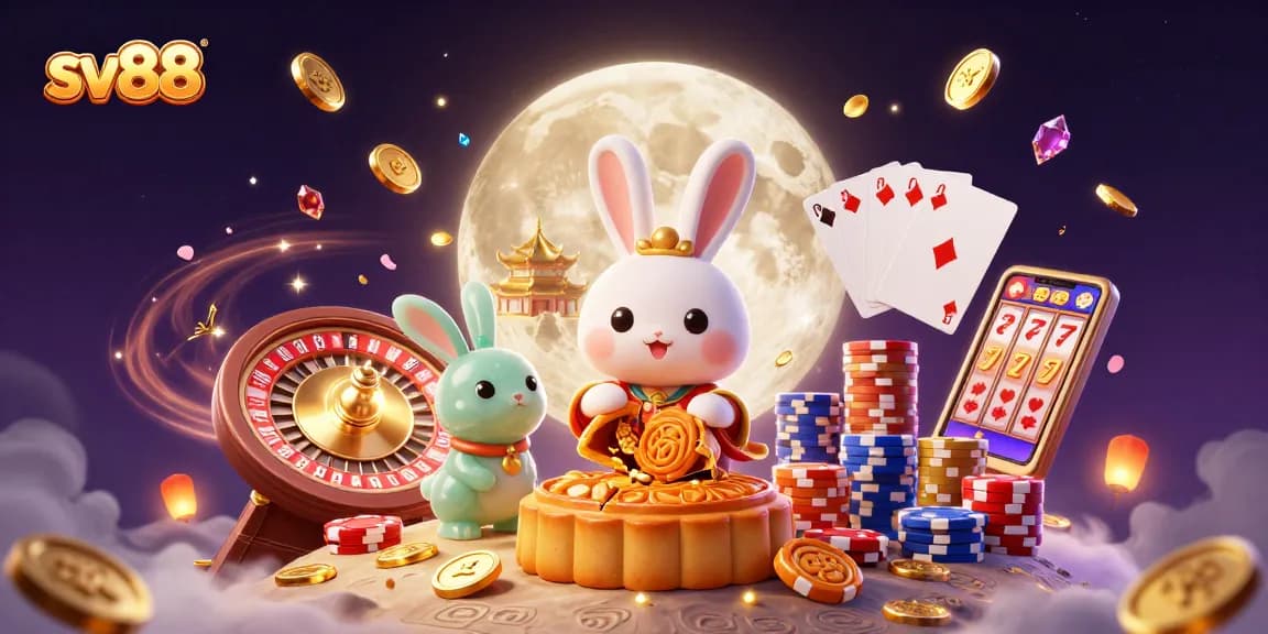 Experience the thrill of sv88 with a moon rabbit theme blending gambling excitement and folklore in a vibrant scene.