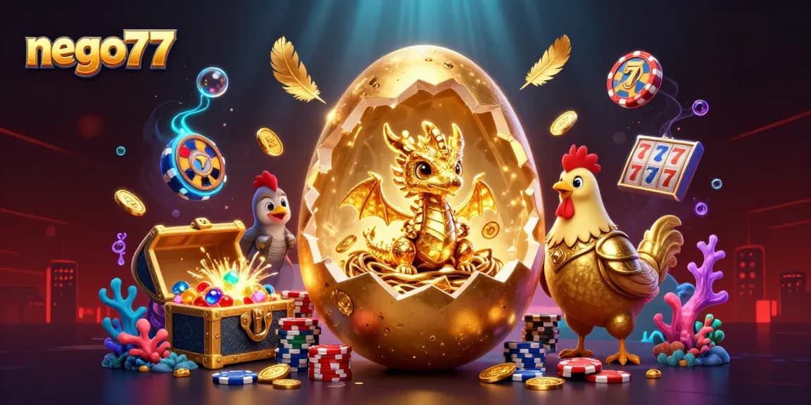 Engage with nego77's exciting slot gameplay showcasing a golden dragon, poker chips, and vibrant jackpot elements.
