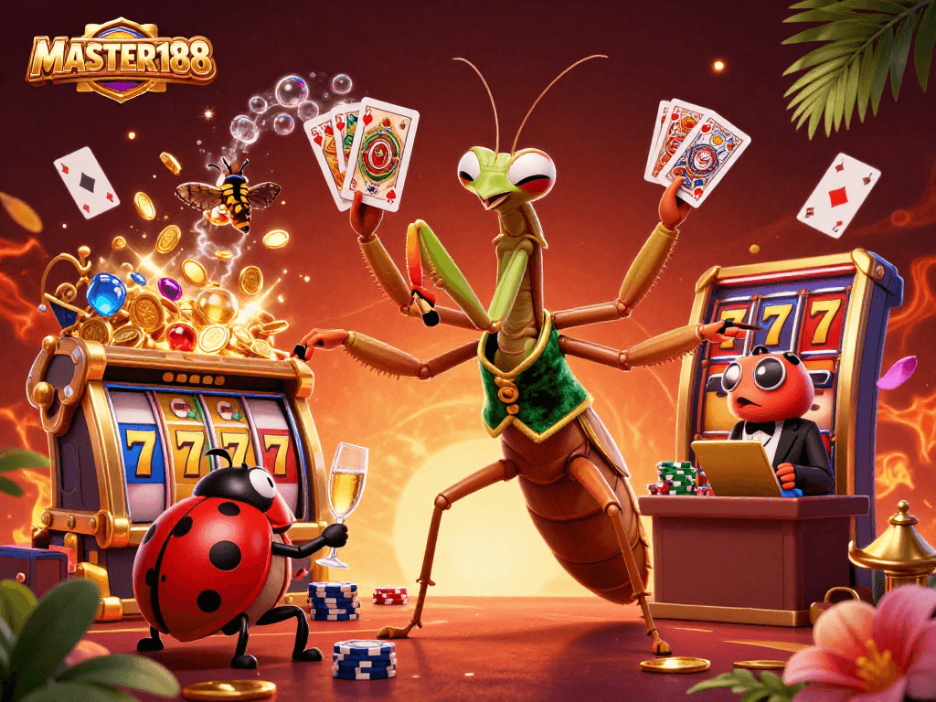 MASTER188 showcases a vibrant casino scene with slot elements, engaging gamblers in a dynamic illustration.