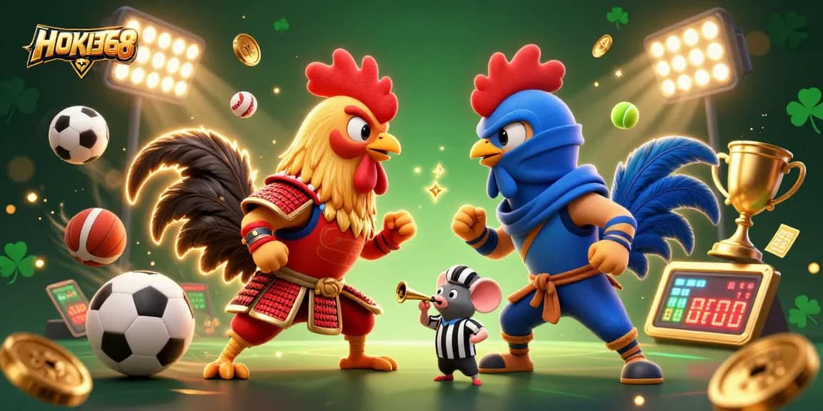 Engage in thrilling gameplay with HOKI368, as twin fighting roosters face off in an intense casino battle.