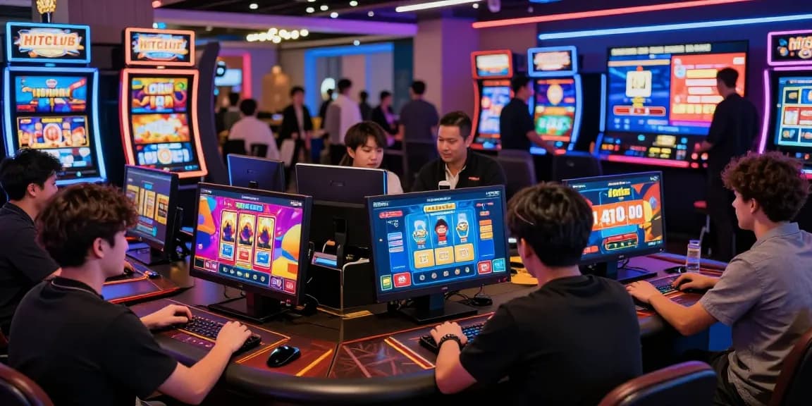 Engaging HITCLUB gaming scene with players enjoying vibrant slot games and live dealers in a modern casino environment.