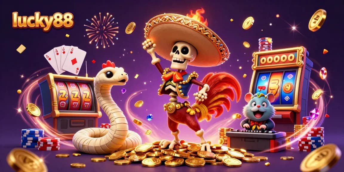 Experience winning spins with lucky88 in this vibrant casino-themed digital illustration.