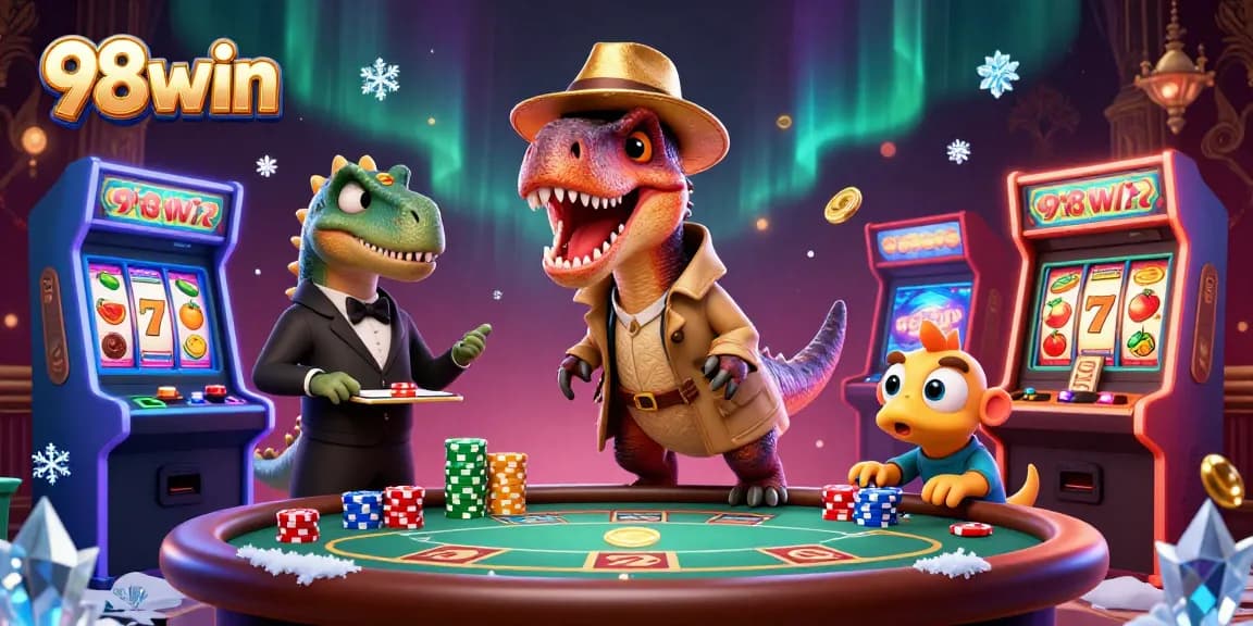 Experience the thrill of winning with 98win's vibrant casino scene featuring exciting slot games and animated characters.