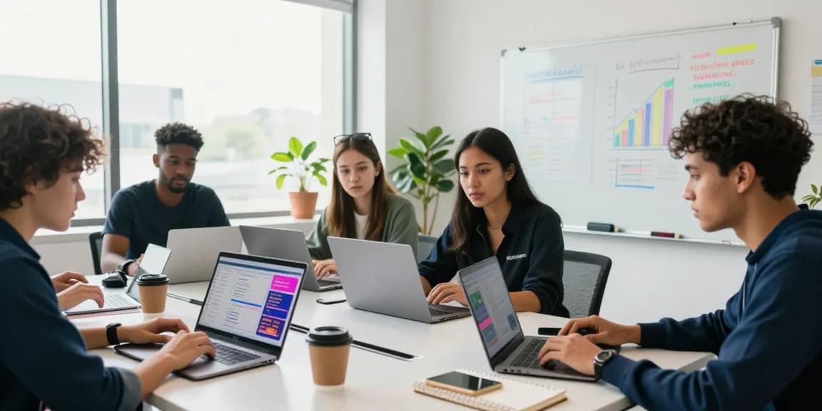 Agents collaborating for Together Winbox in a modern workspace with analytics on laptops.