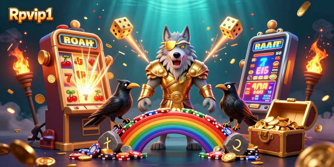 Terlibat dengan jackpot yang menarik di Rpvip1, menampilkan ilustrasi bertema kasino dinamis penuh dengan simbol-simbol kemenangan.