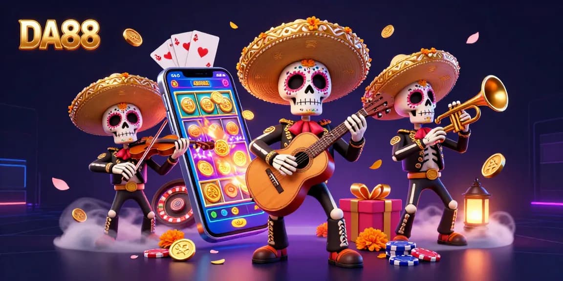 Engage with DA88's vibrant casino atmosphere featuring a mariachi band, slots, and golden coins.