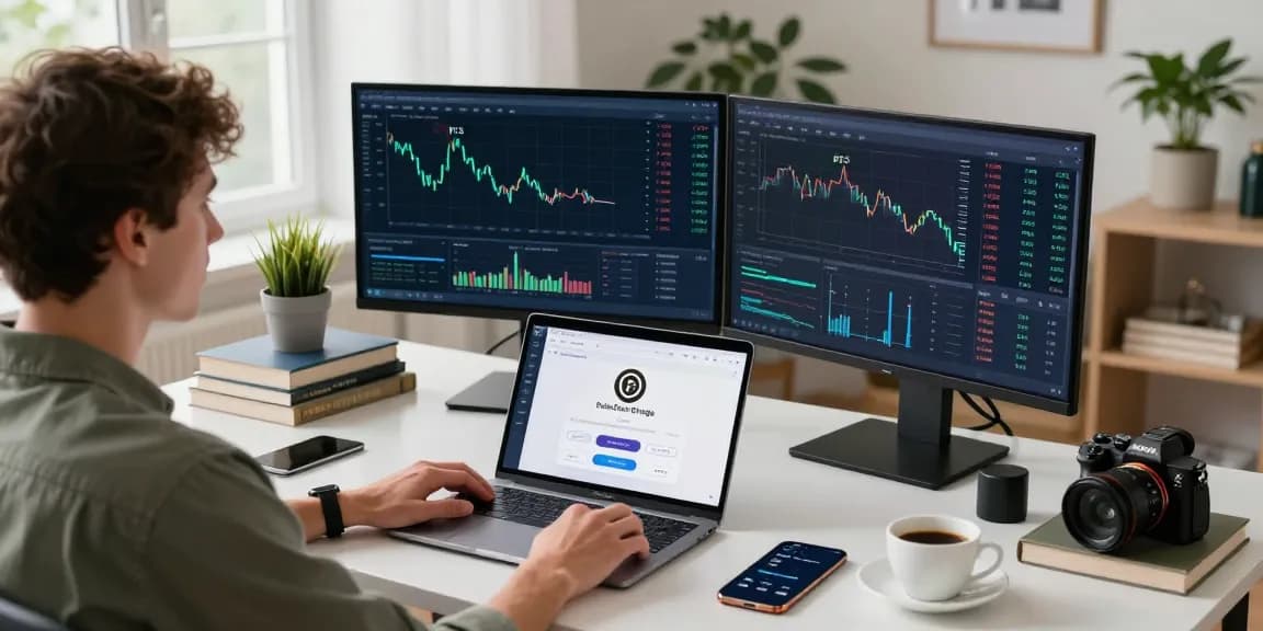 PulseChain Bridge trading scene with live cryptocurrency charts and user-friendly interface in modern home office.