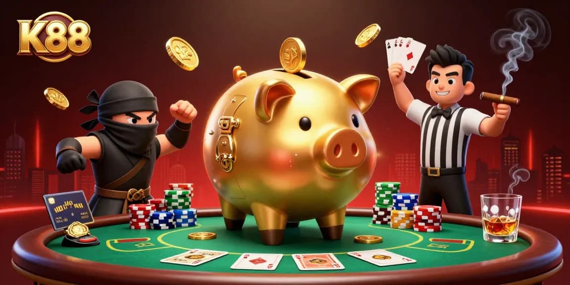 K88 captures the excitement of high-stakes poker with a vibrant scene of dynamic cartoon characters and a thrilling atmosphere.