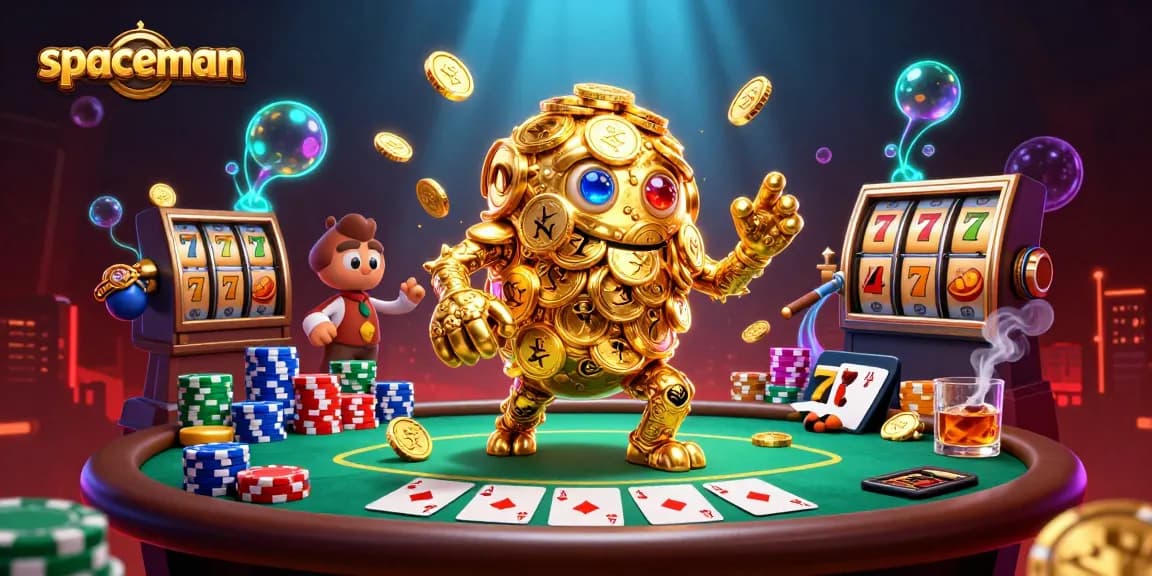 Experience the thrilling action of Spaceman as golden golems populate a dynamic casino scene.