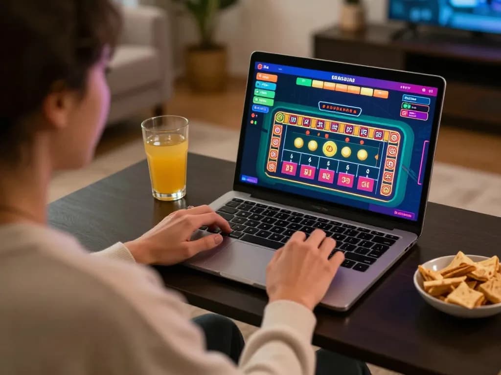 Engage with the link Jun88 for exciting online roulette gameplay in a cozy home setting, showcasing strategic moments.