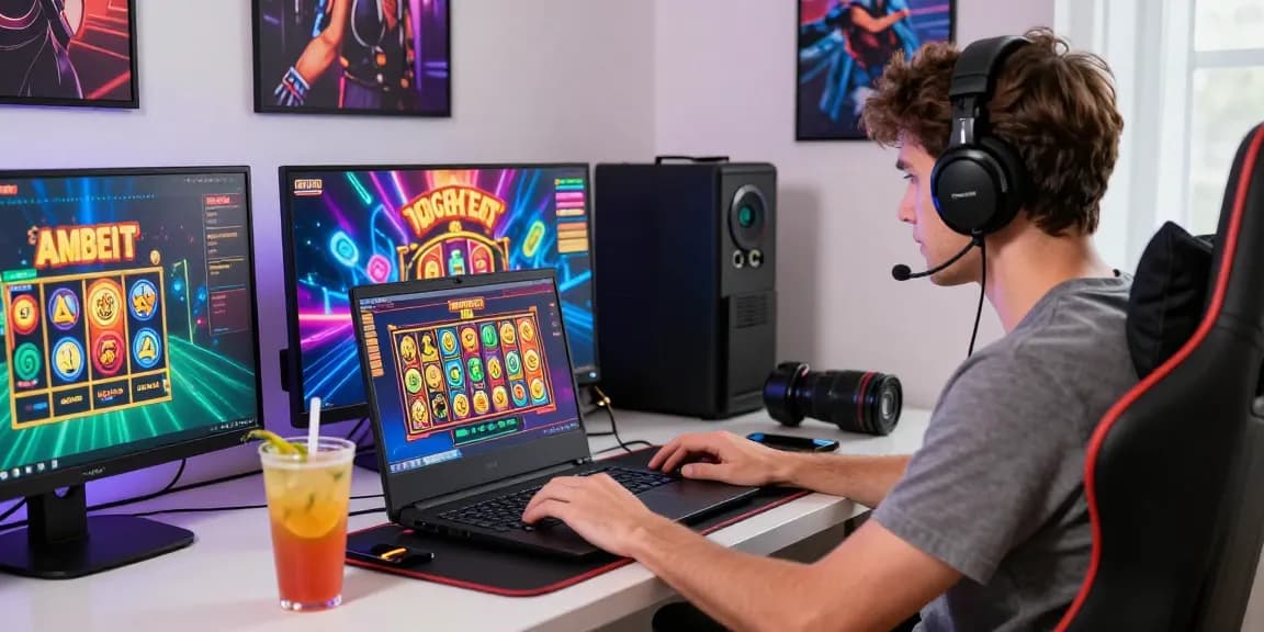 BazaWin player enjoying online games in a vibrant home office setting with gaming accessories and colorful graphics