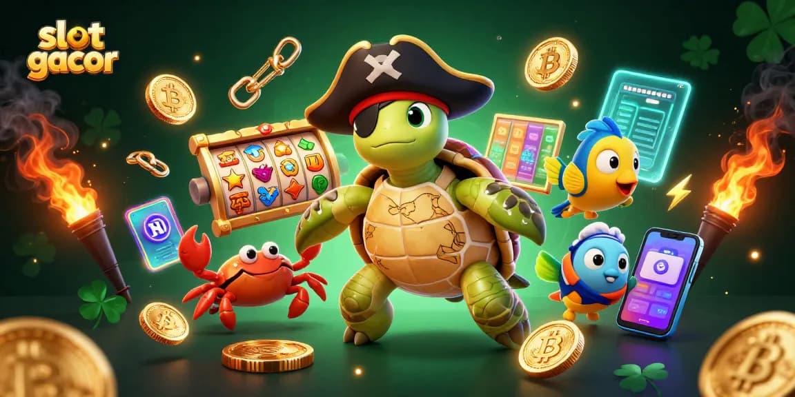 Engage with thrilling slot gacor gaming led by a pirate turtle amidst vibrant casino elements.