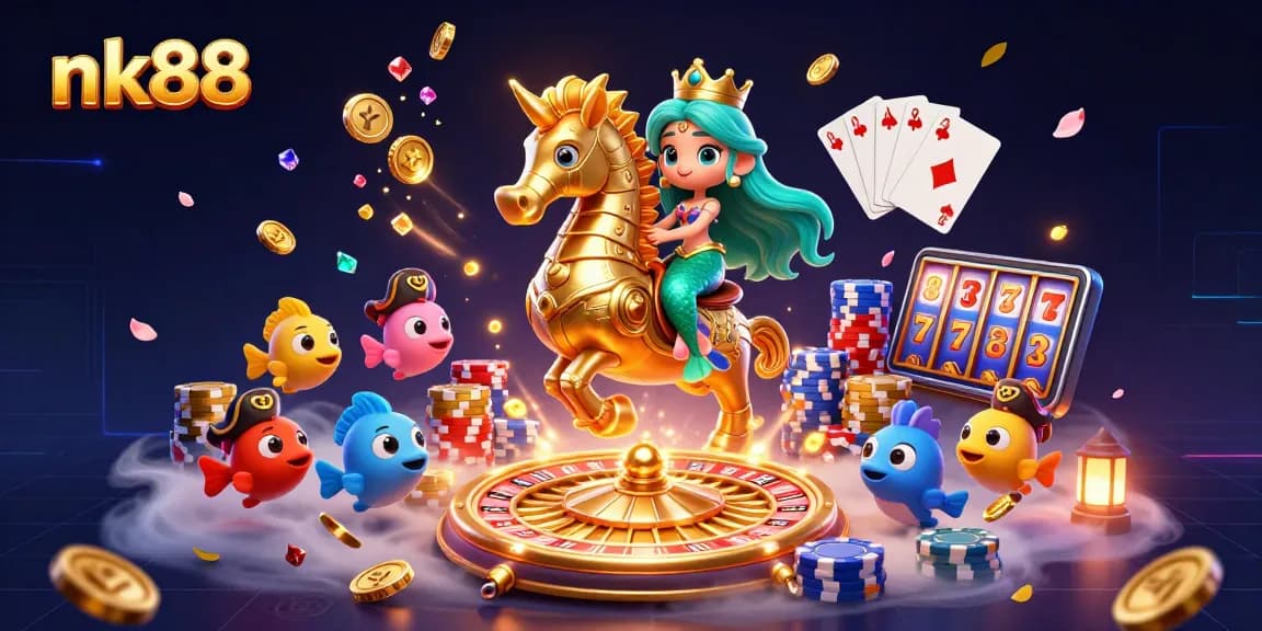 Experience thrilling bets with nk88's vibrant, captivating casino adventure featuring a mermaid and her seahorse friend.