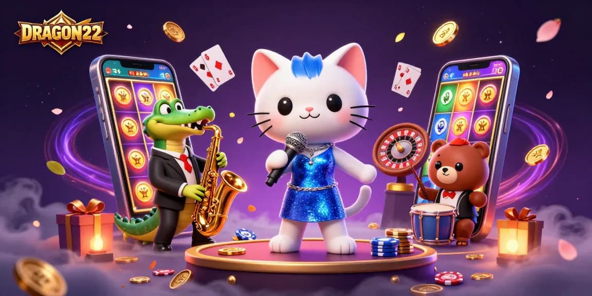 Engage with slots in style at DRAGON222 featuring a jazz-singer cat and her band in a vivid casino.