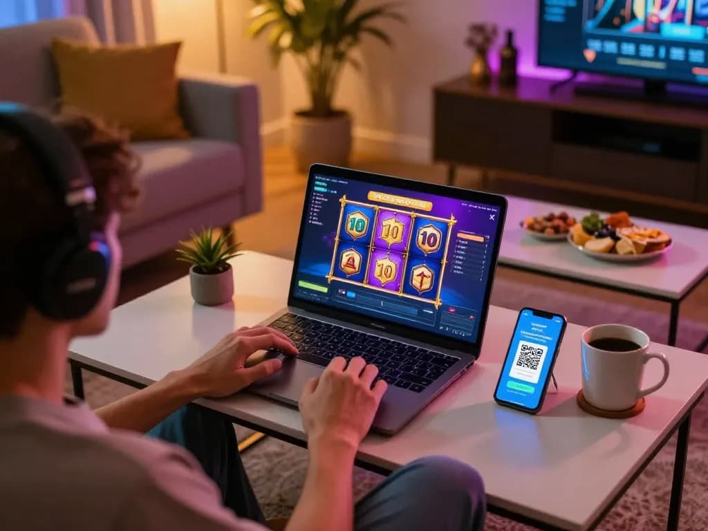 Engaging with slot depo 10 on a laptop in a cozy home environment, showcasing gameplay
