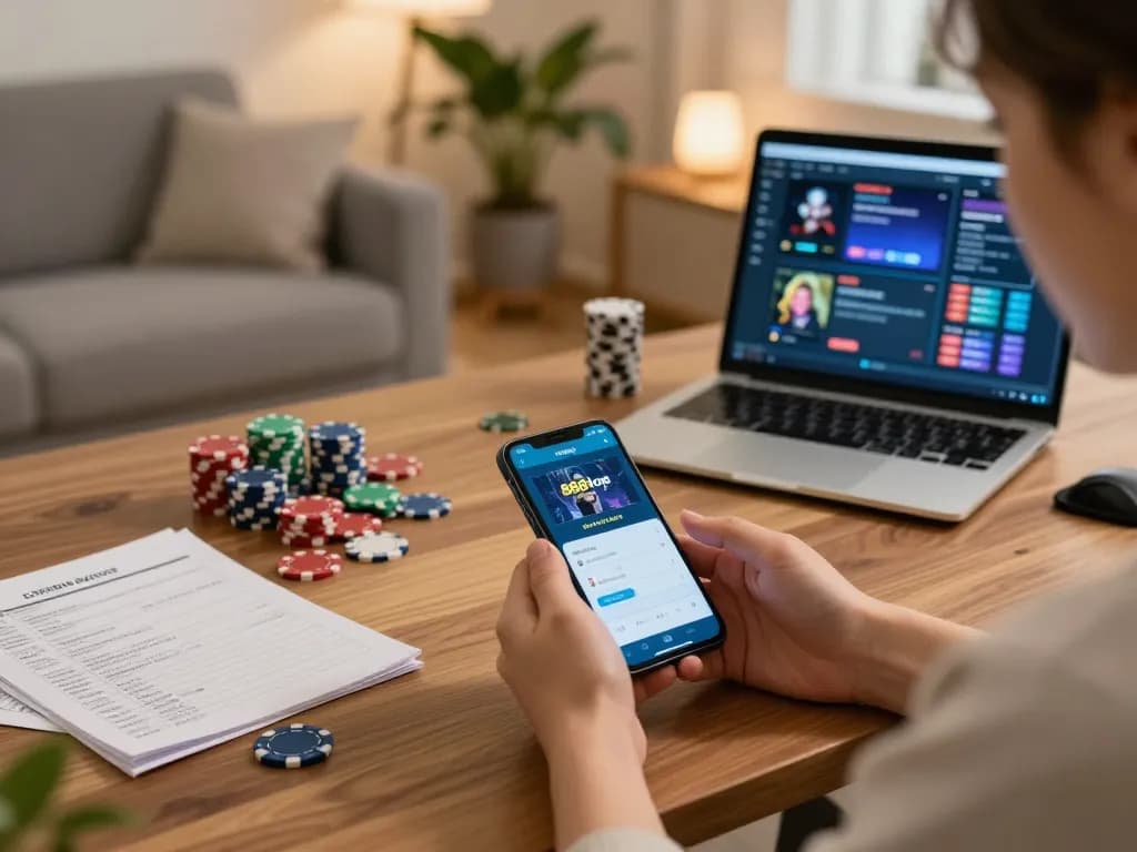 Engaging with the 888top com mobile app for online gaming, showcasing poker chips and strategy notes