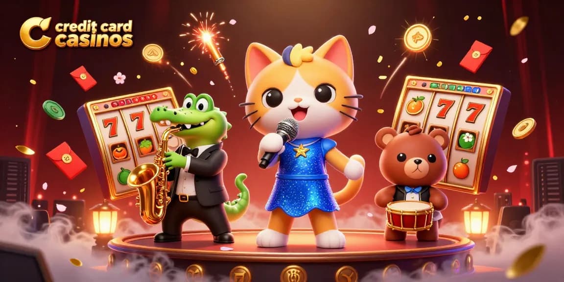 Jazz-singer cat performs at credit card casinos, surrounded by slot elements and festive decor.