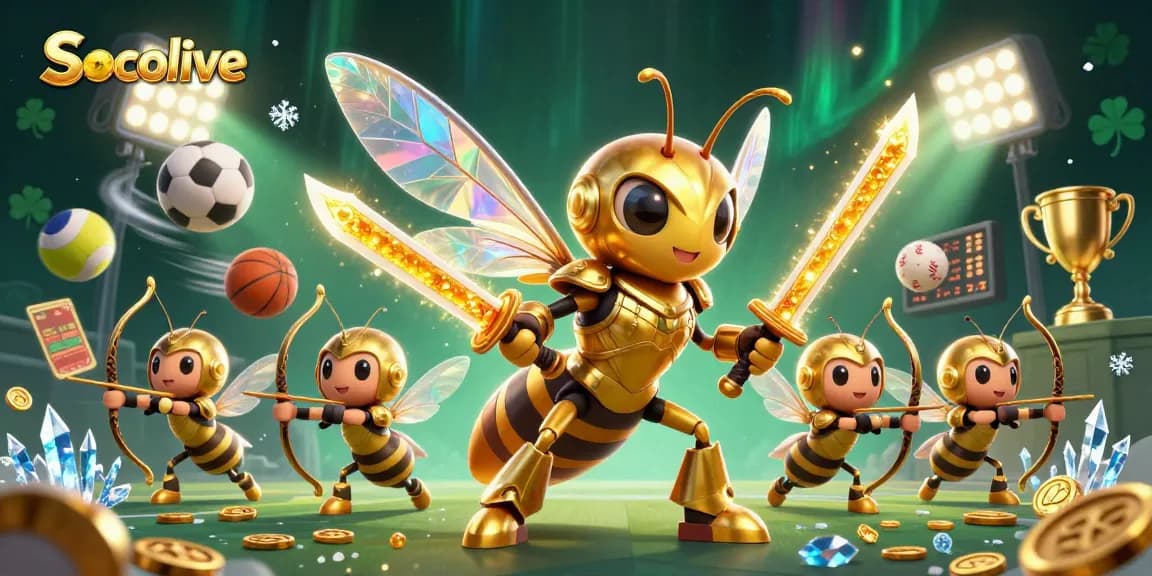 Socolive showcases a vibrant 3D scene of a golden hornet and bee archers engaging in a dynamic sports betting battle.